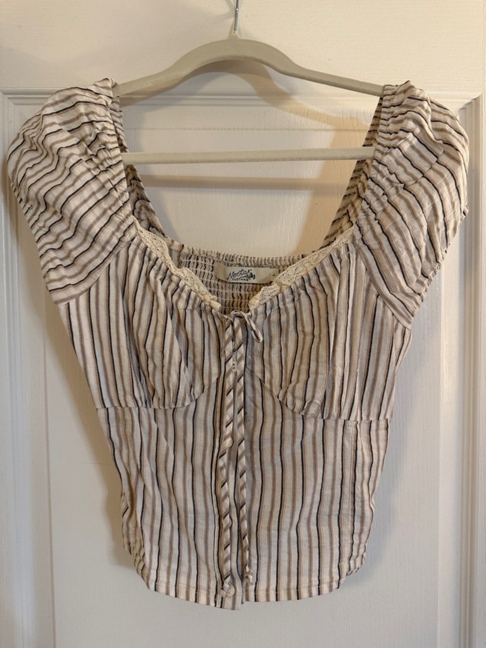 Striped Square-Neck Tie-Front Blouse in Cream and Brown